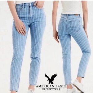 American Eagle Pinstripes Retro Indigo Blue High Rise Mom Jeans Relax Fit Sz 10